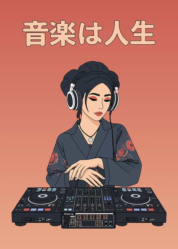 DJ Woman with Headphones and Music Gear