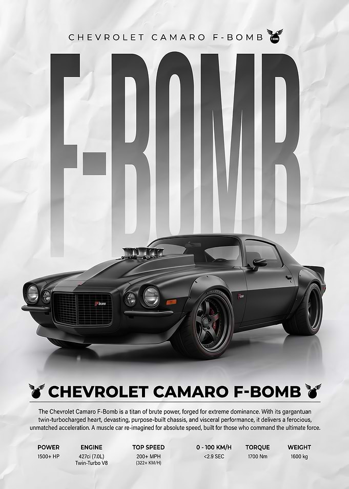 sleek black old Chevrolet Camaro F-Bomb car poster