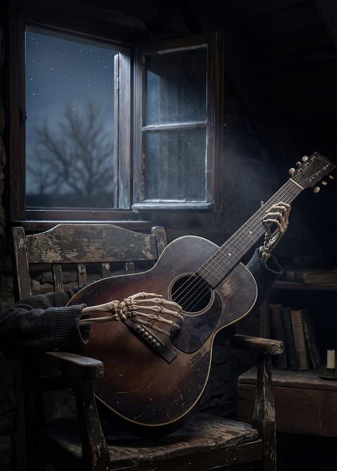 Skeleton playing guitar in attic