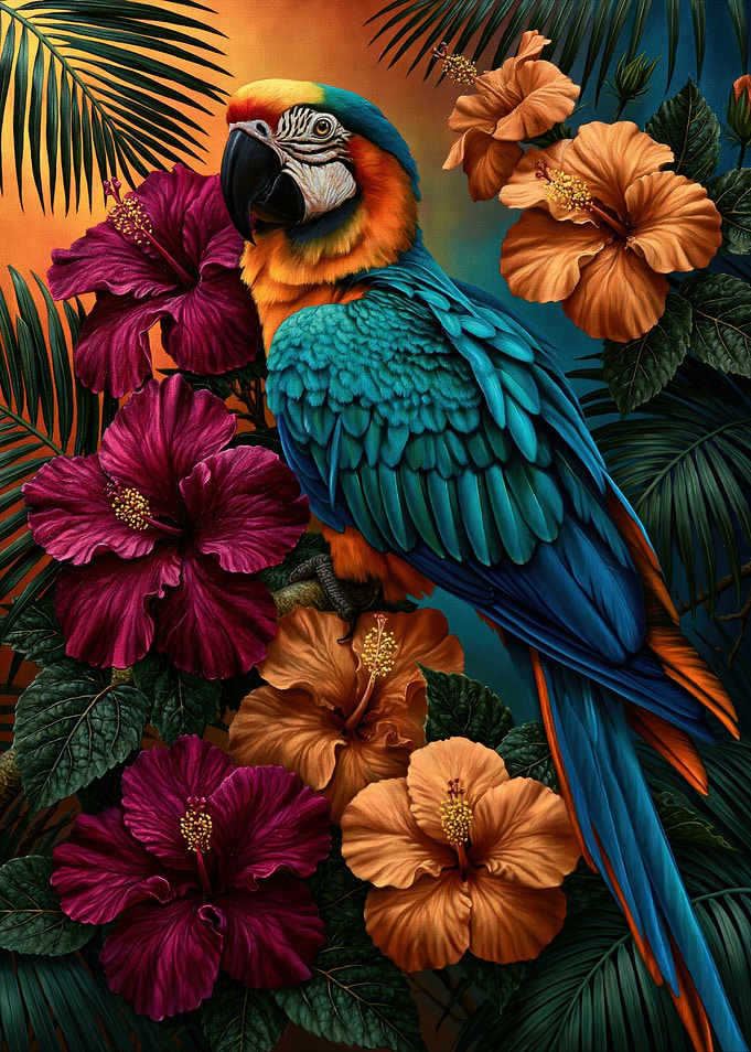 Macaw Parrot with Tropical Flowers