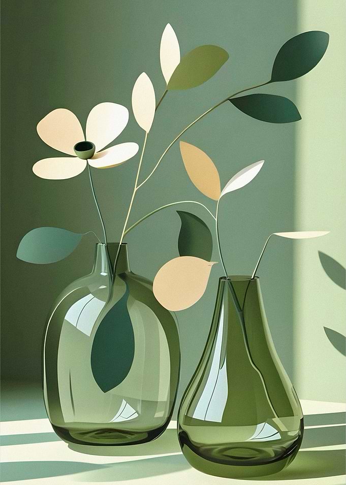 Minimalist Green Vases with Floral Accents