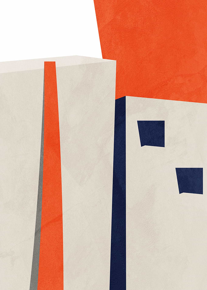 Abstract Geometric Cityscape with Orange and Blue Accents