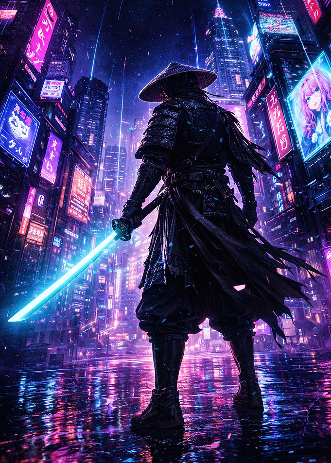 Cyberpunk Samurai in Neon City