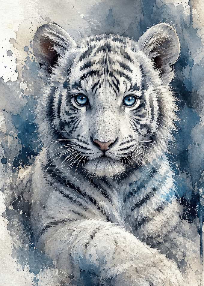 White Tiger Cub Watercolor Painting
