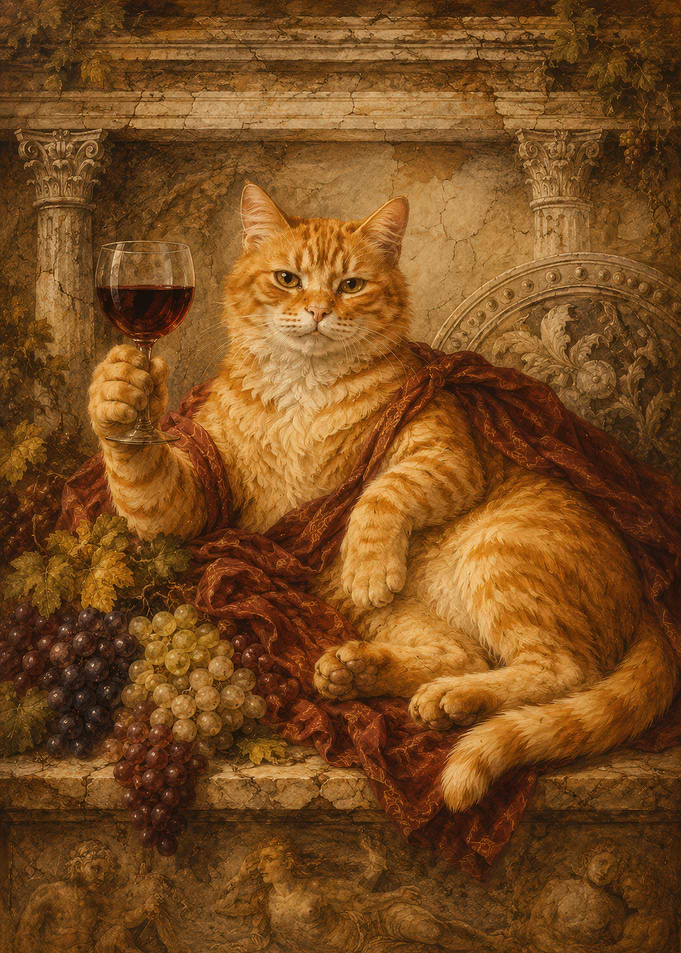 Cat in Roman Toga with Wine