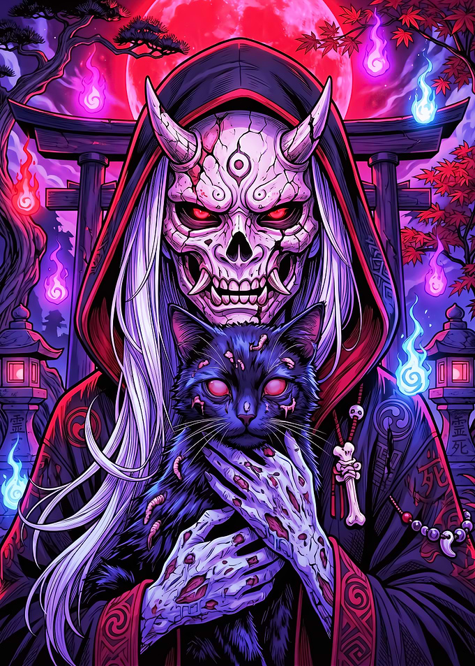 Demonic Oni Mask with Black Cat