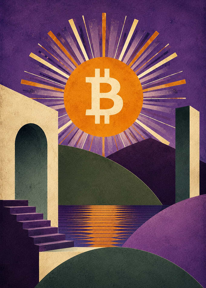 Bitcoin Sun Over Abstract Landscape, Retro Vintage Bitcoin Design