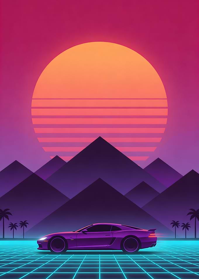 Retro Sunset Car on Grid