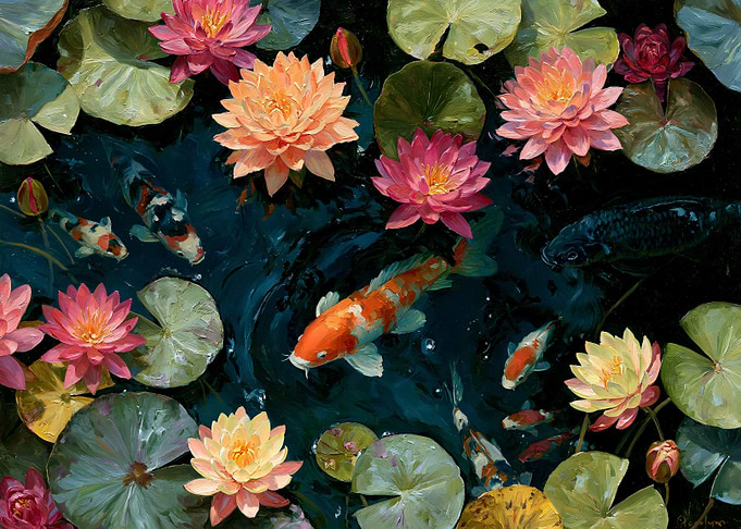 Koi Fish and Water Lilies Painting