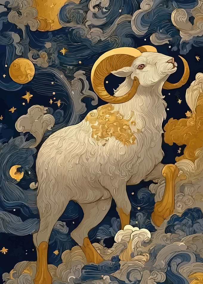 Aries Zodiac Ram in Celestial Clouds
