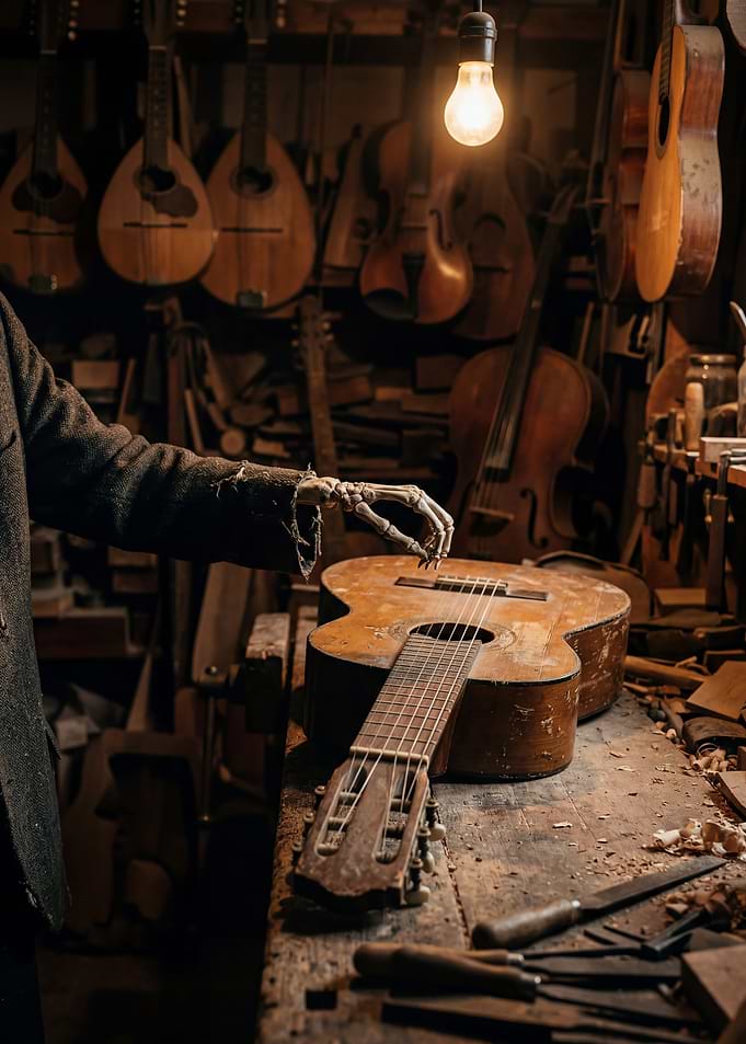 Skeleton hand on guitar in workshop