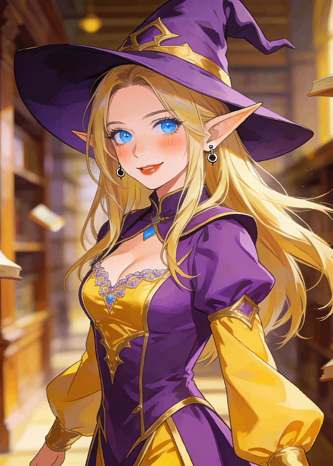 Anime Elf Witch in Library