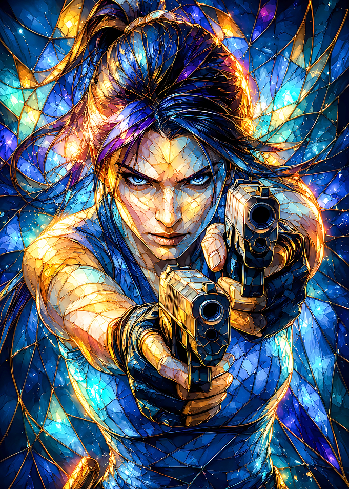 Stained Glass Woman with Guns