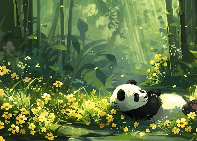 Panda Resting in a Field of Flowers
