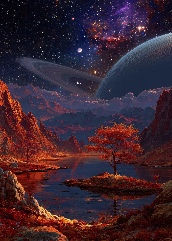 Alien Planet Landscape with Rings