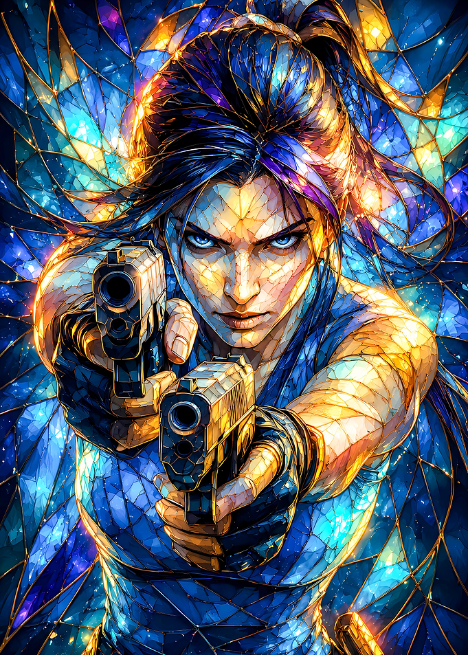 Woman with Guns in Stained Glass Style