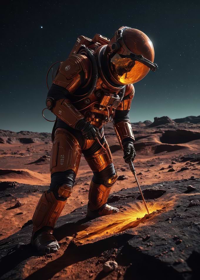 Alien Prospector in Orange Space Suit Probing a Glowing Fissure
