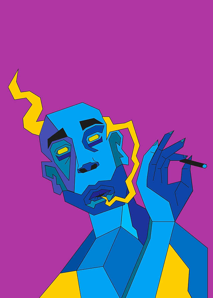 Abstract Blue Figure Smoking