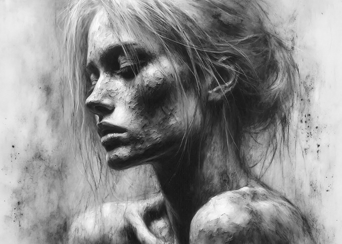 Side Profile Woman Portrait - Clay Texture Charcoal Art