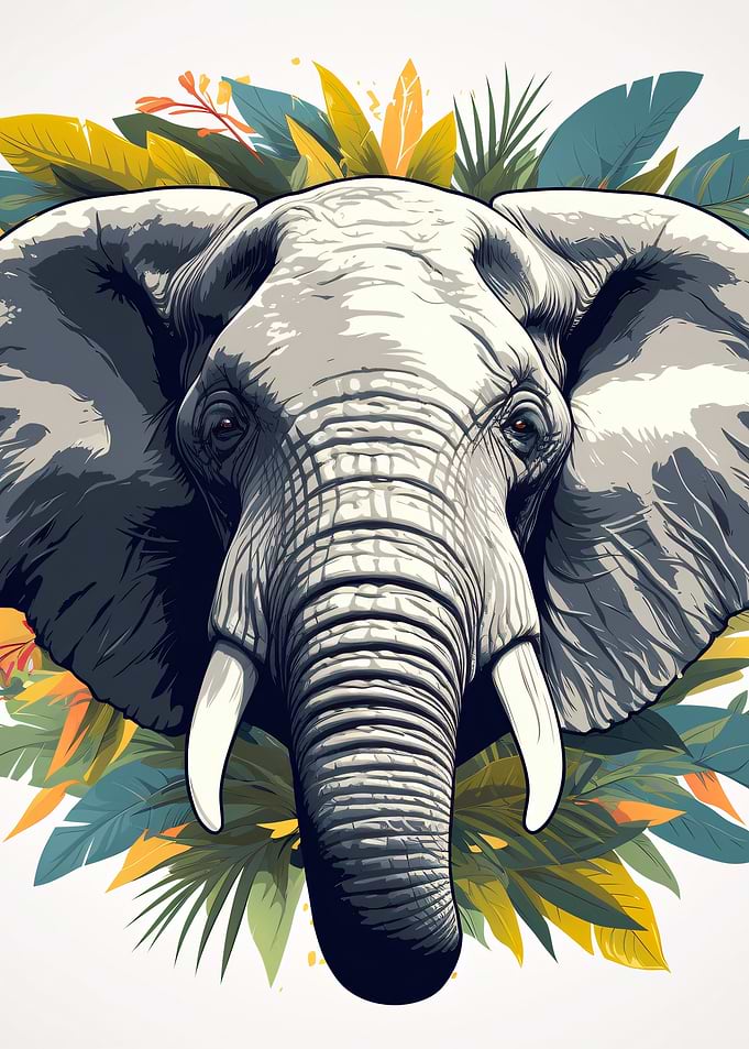 Elephant surrounded by tropical leaves