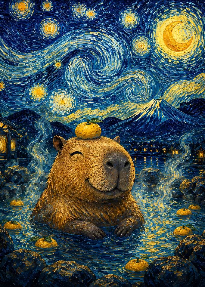 Capybara in Hot Springs Under Starry Night