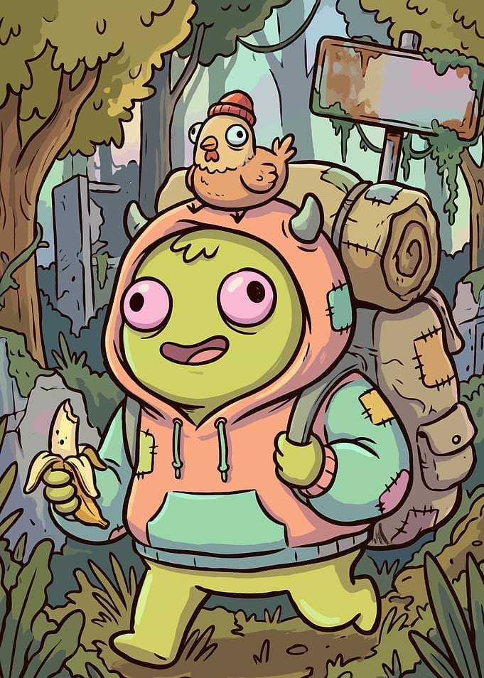 Monster and Chicken Hiking in Forest