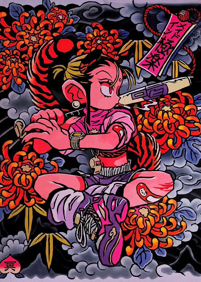 Anime Girl with Tiger Stripes and Flowers