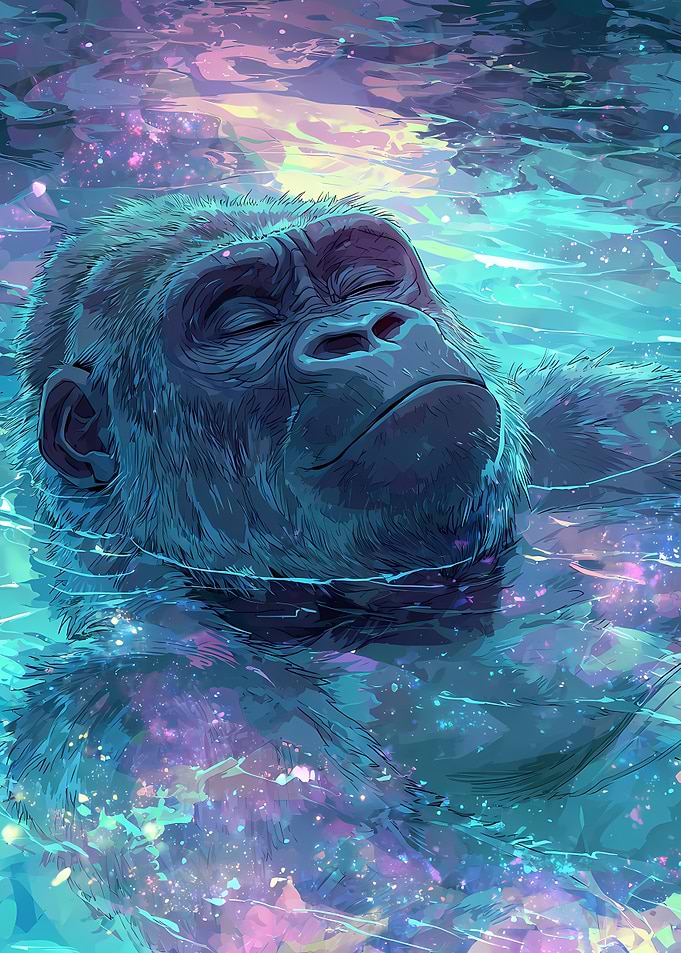 Gorilla floating in cosmic water