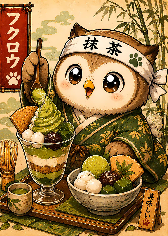 Cute Owl Enjoying Matcha Desserts