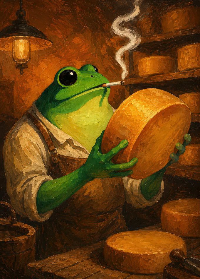 Frog Cheesemonger Smoking a Cigarette