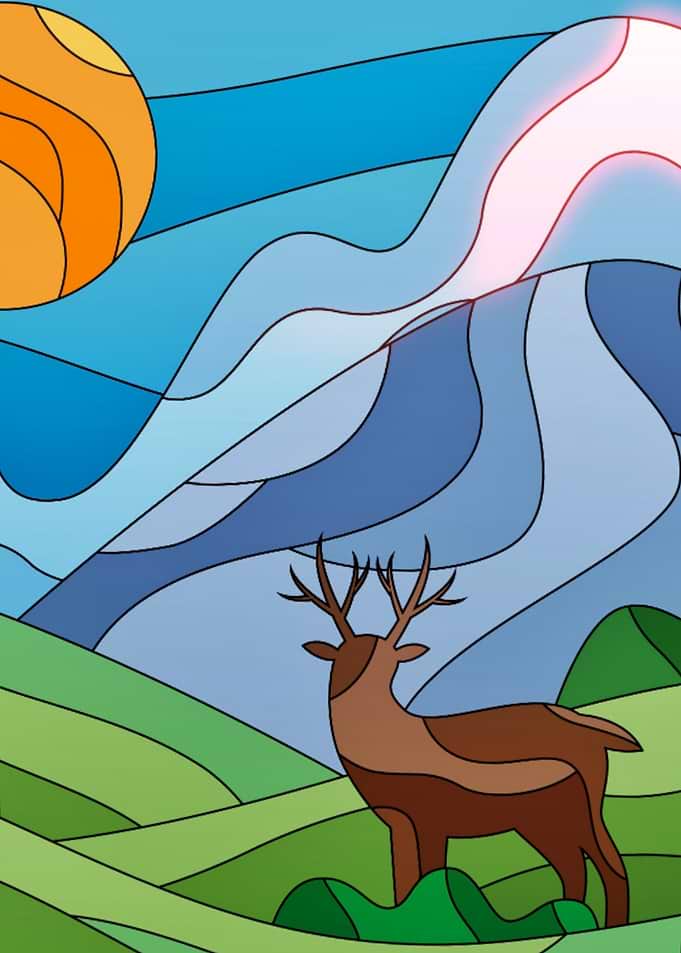 Stained Glass Deer in Landscape
