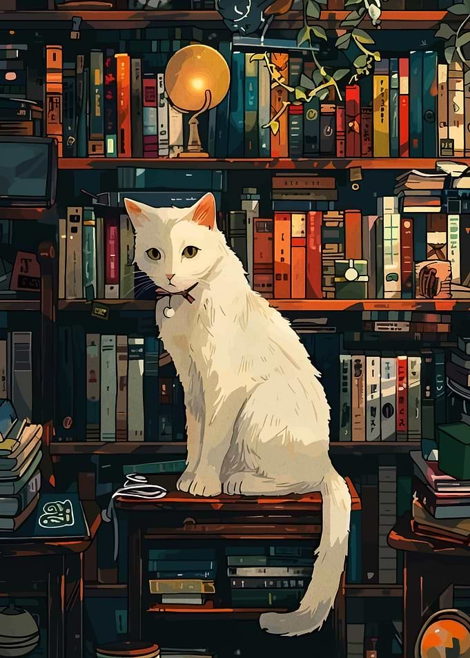 White Cat in a Library