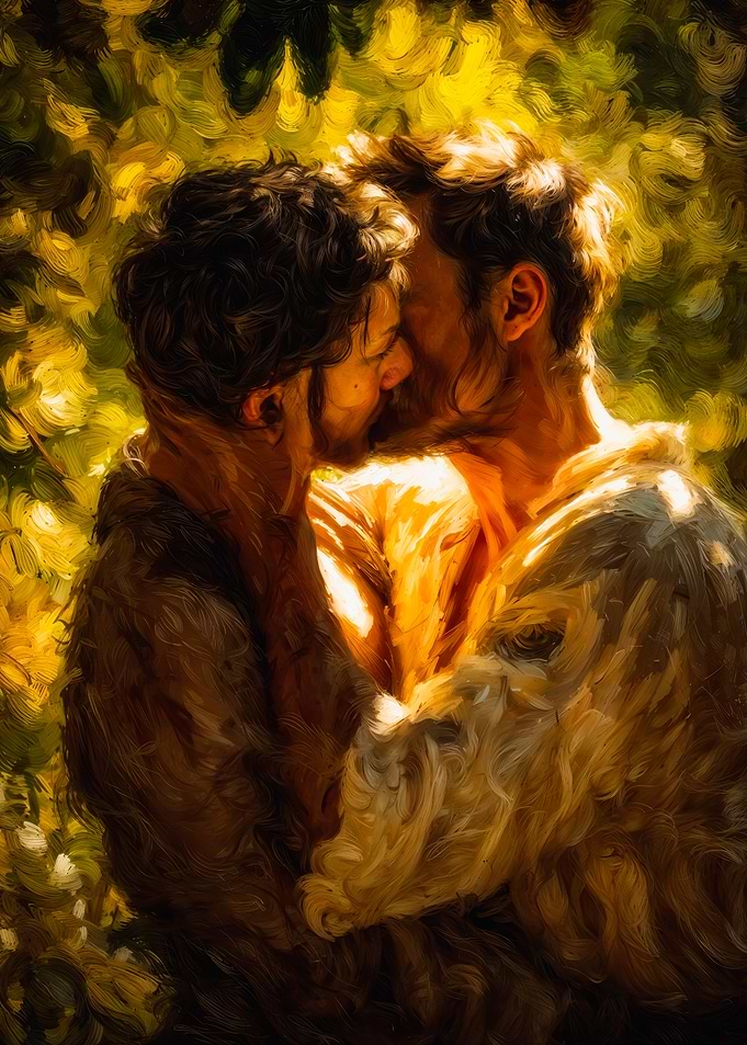 Two Men Embracing Painting Style