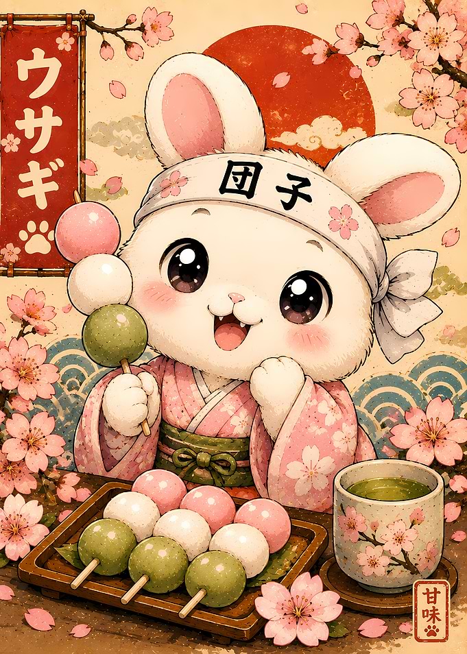 Cute Rabbit with Dango and Tea