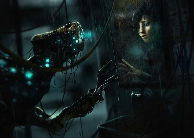 Robot and Woman in Rainy Sci-Fi Scene