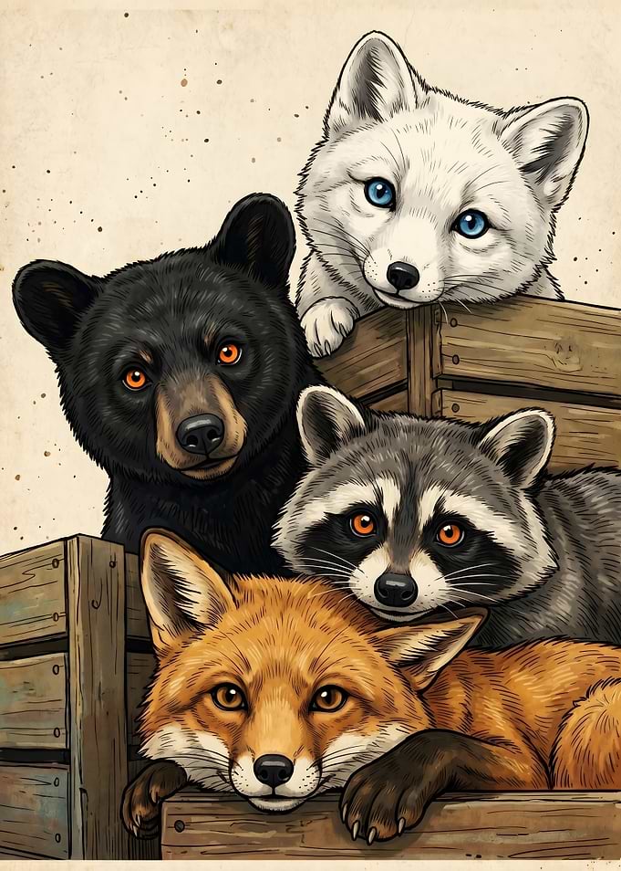 Cute Woodland Animals Peeking Over Wooden Crate