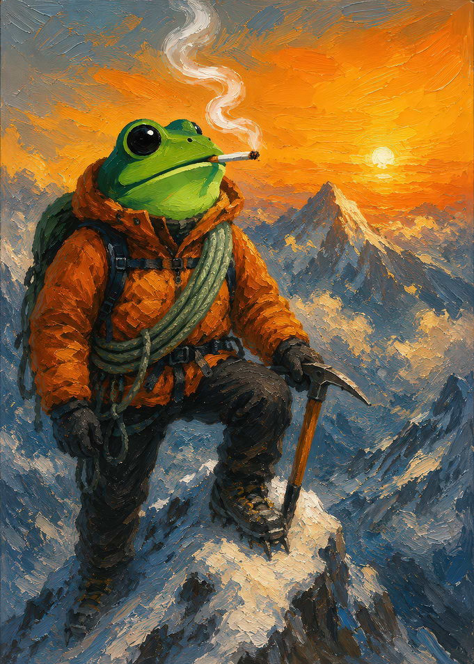 Frog Climber Smoking on Mountain Peak