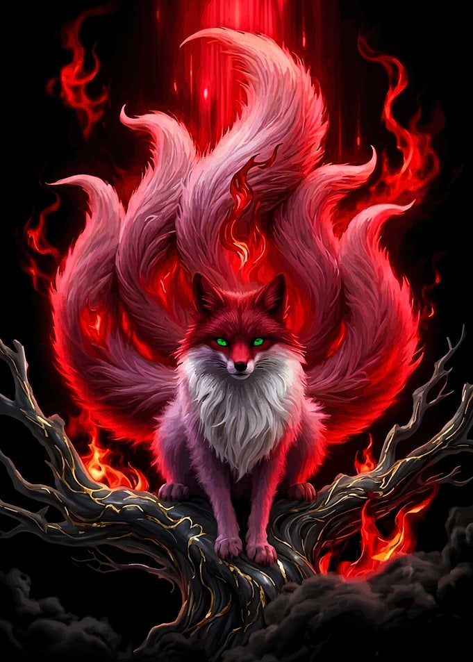 Nine-Tailed Fox with Fiery Aura