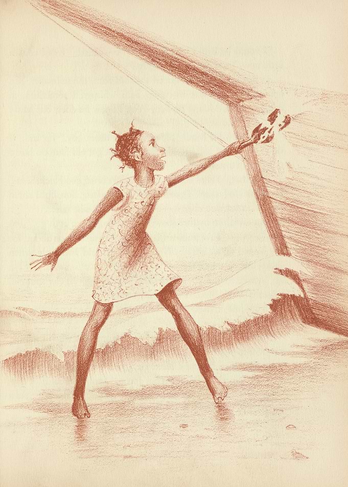 Girl reaching for a shell in the waves