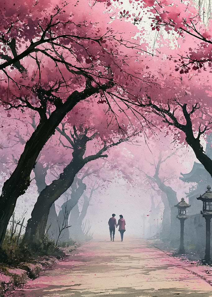 Couple walking under cherry blossoms