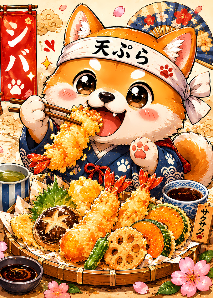Shiba Inu Eating Tempura