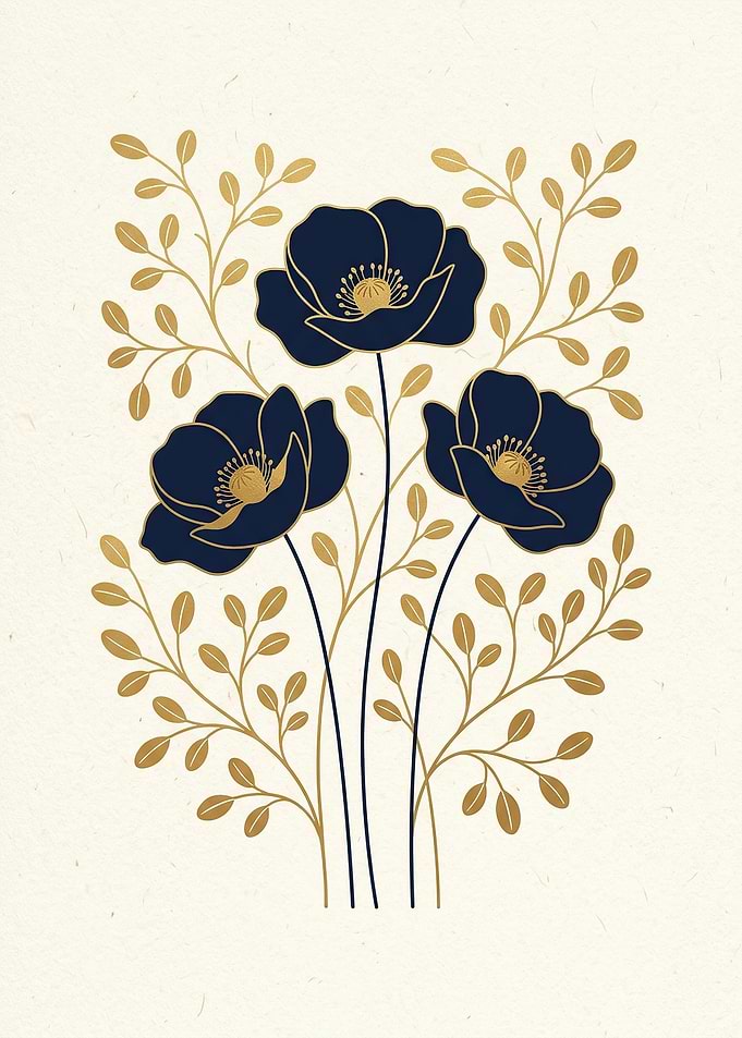 Dark Blue Poppies with Gold Leaves