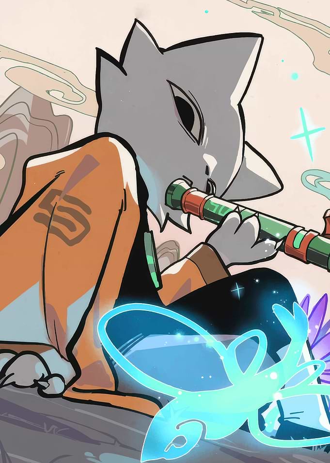 Anthropomorphic character playing a flute