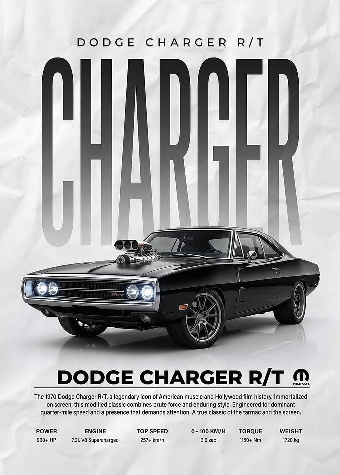 sleek black Dodge Charger R/T Movie Car Poster