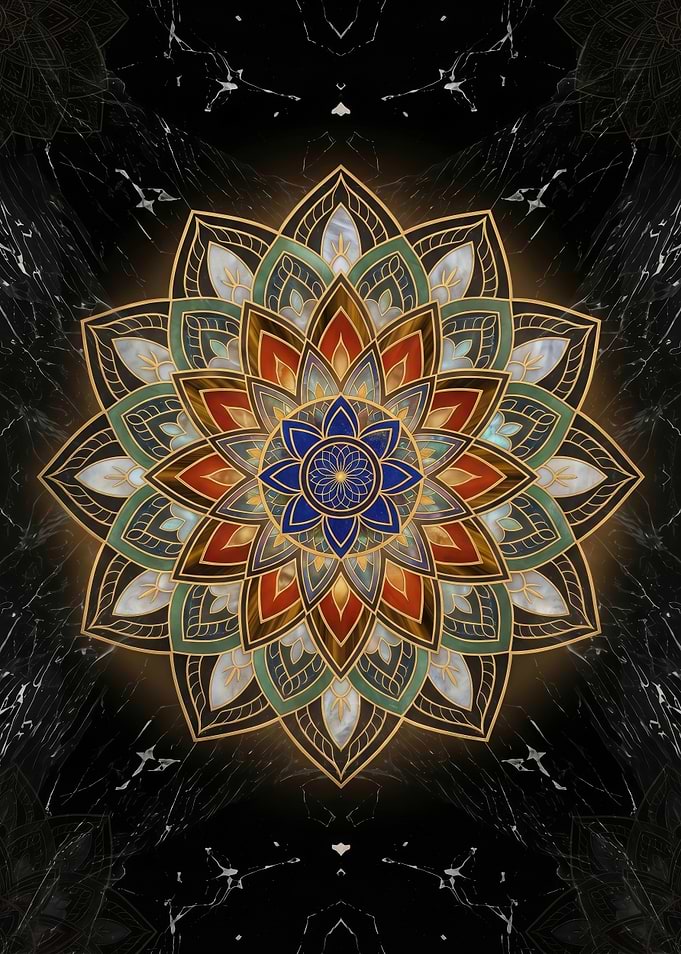 Intricate Mandala Design on Black Marble