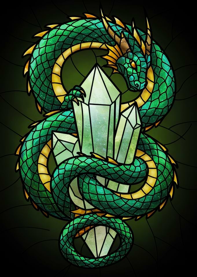 Dragon and Crystals Stained Glass Art
