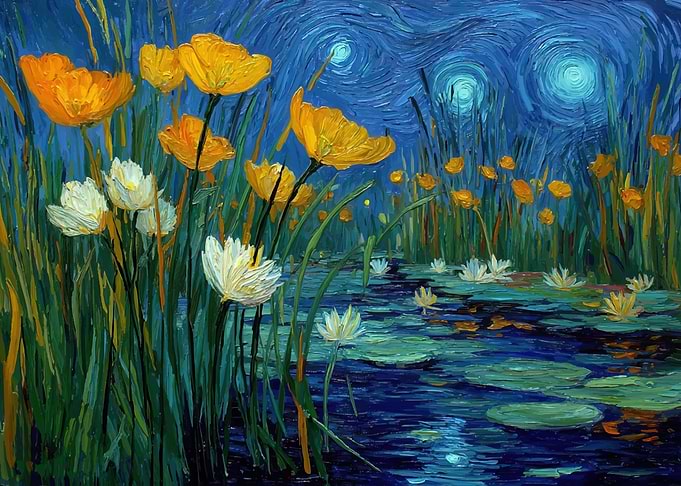 Van Gogh Style Water Lilies and Poppies