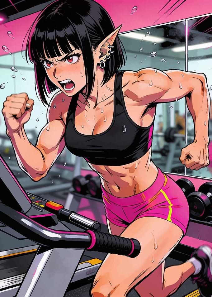 Anime Elf Woman Running on Treadmill