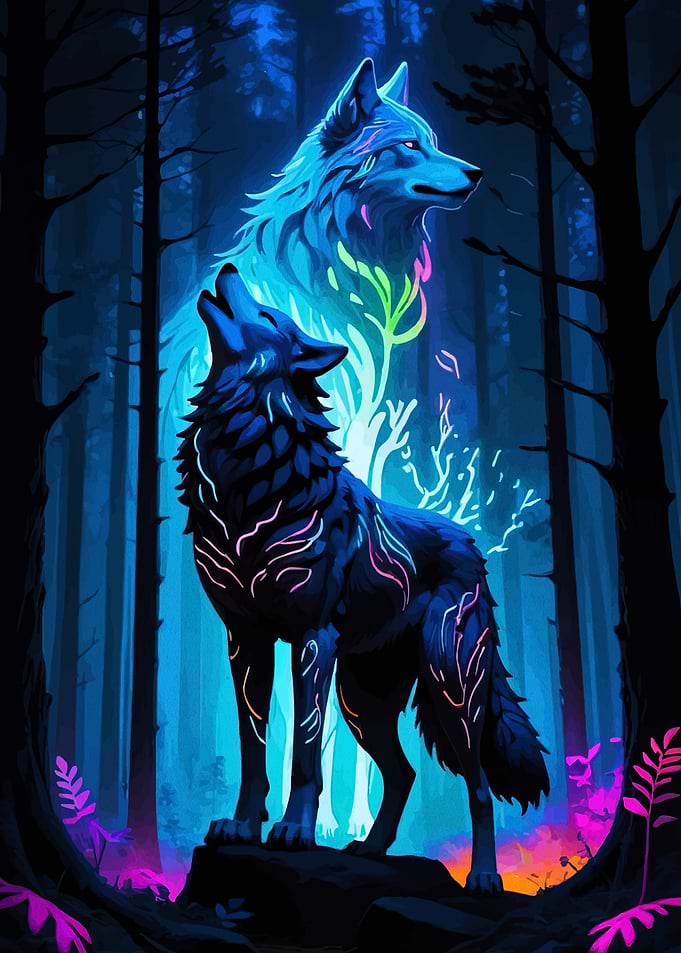 Mystical Wolves in a Neon Forest