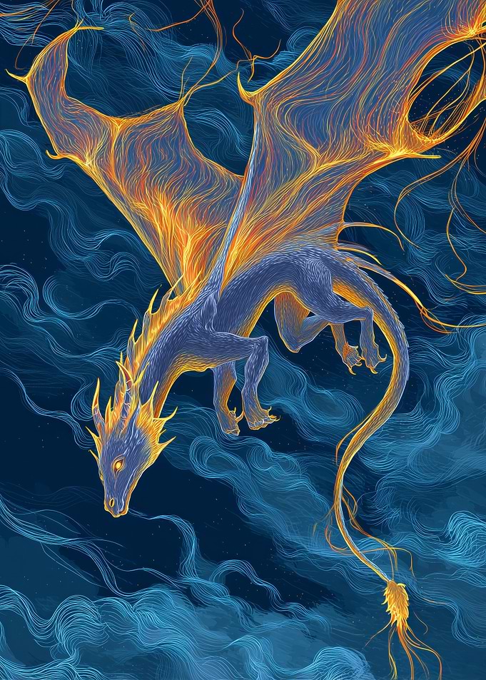 Fiery Dragon in Blue Clouds
